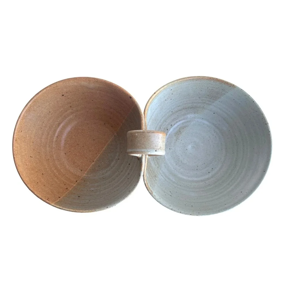 Studio Pottery Double Condiment Server Handcrafted Stoneware Two Tone Earthy
